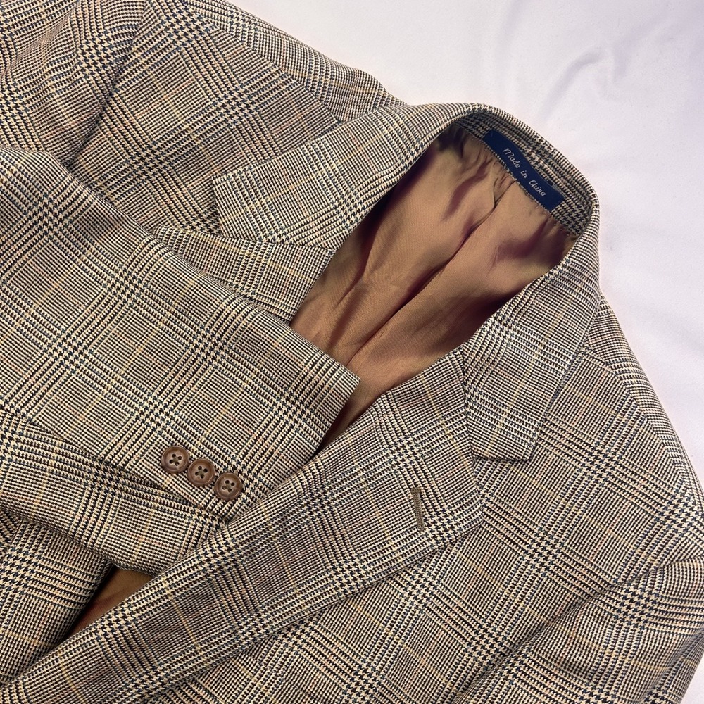 Alan Flusser Men Beige Tartan Silk-Wool Blend Two Button Blazer 42R